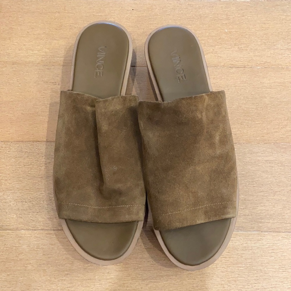 Vince Olive Brown Suede Slide Sandals